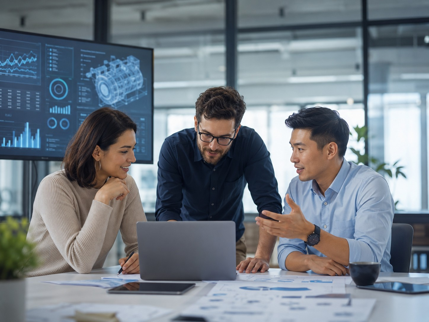 JSOLUTION consulting team reviewing AI and product development data