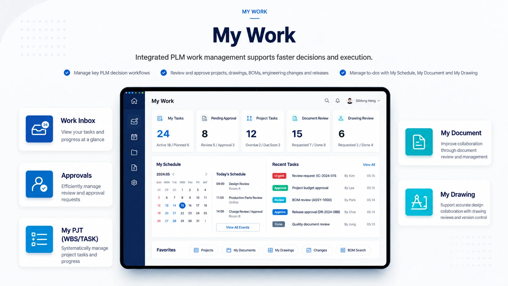 PLM workspace showing task status, approvals, project tasks, documents, and drawings