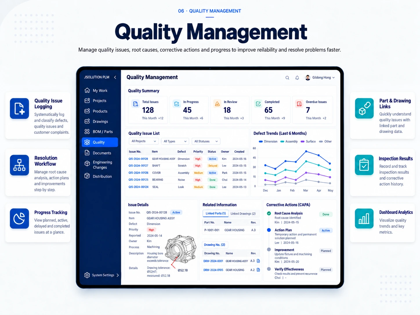 PLM quality dashboard with issues, root causes, corrective actions, status, and part and drawing links