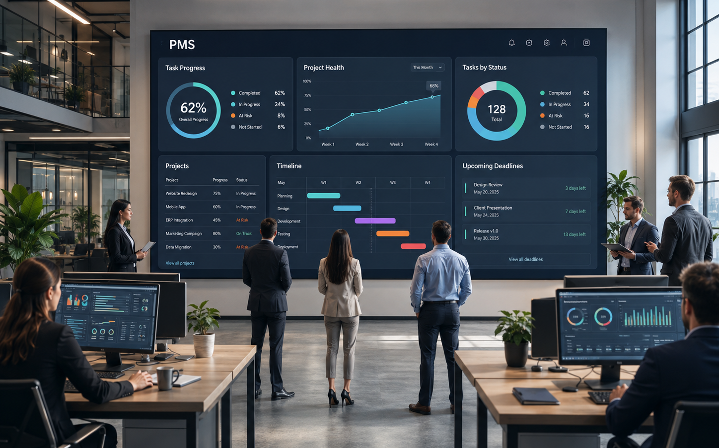 PMS dashboard and a collaborative project management workspace